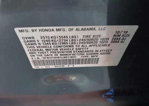 2020 Honda Pilot 2Wd Touring 7 Passenger z USA, uszkodzony, nr VIN 5FNYF5H61LB011831